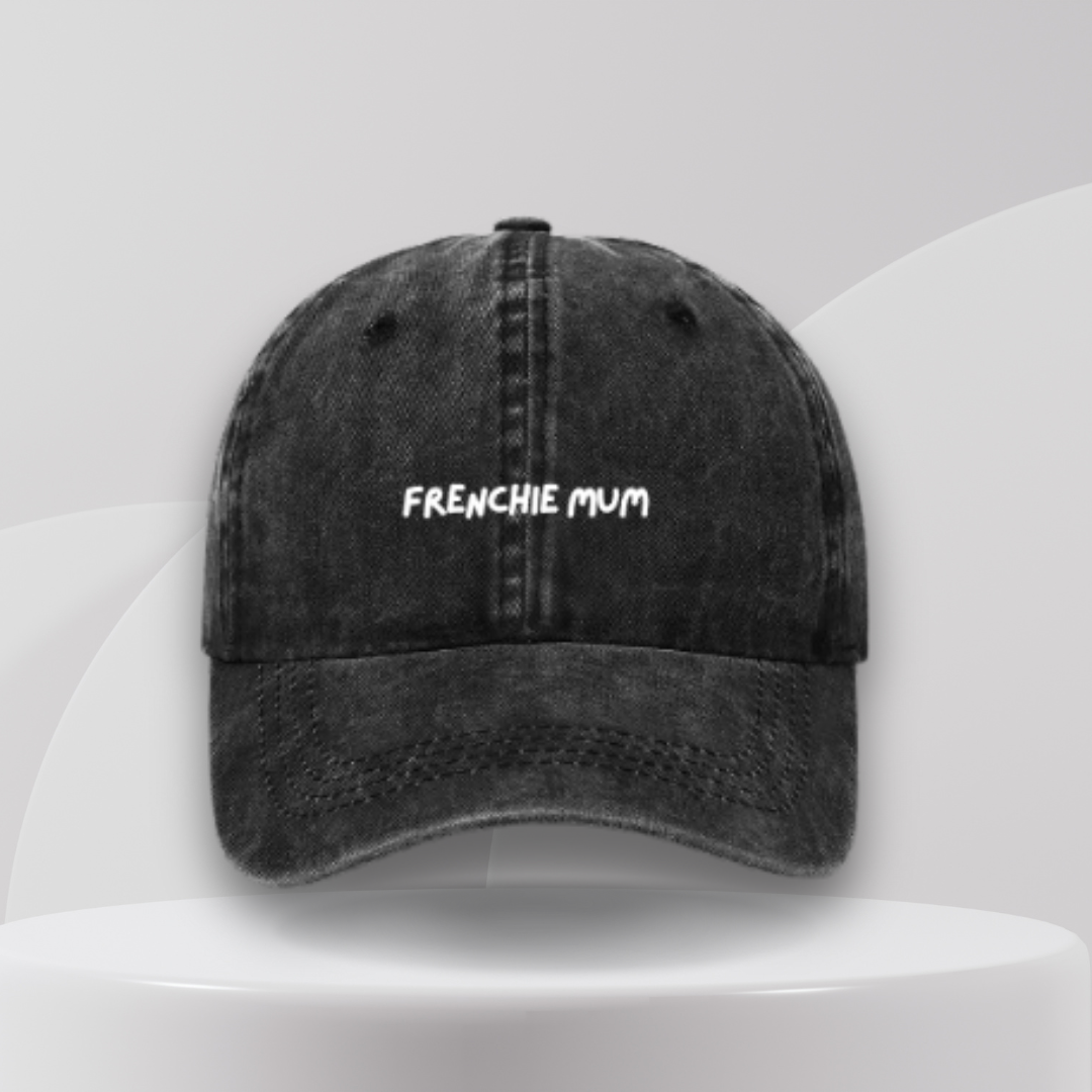 black cap embroidered frenchie mum in white text. a great gift idea for french bulldog owners and pet parents in Australia