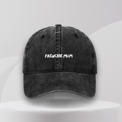 black cap embroidered frenchie mum in white text. a great gift idea for french bulldog owners and pet parents in Australia