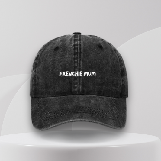 black cap embroidered frenchie mum in white text. a great gift idea for french bulldog owners and pet parents in Australia