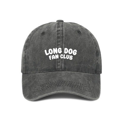 Grey embroidered "Long Dog Fan Club" cap for Greyhound and Deerhound lovers – bold text on a washed cotton dad hat