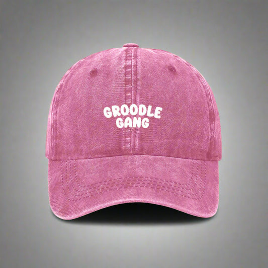 chunky white text Groodle Gang  on a cap in pink