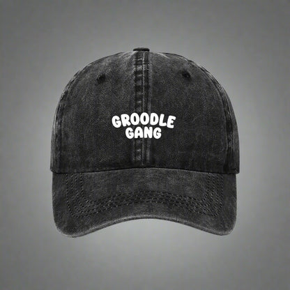 Black cap with 'Groodle Gang' text on a white background