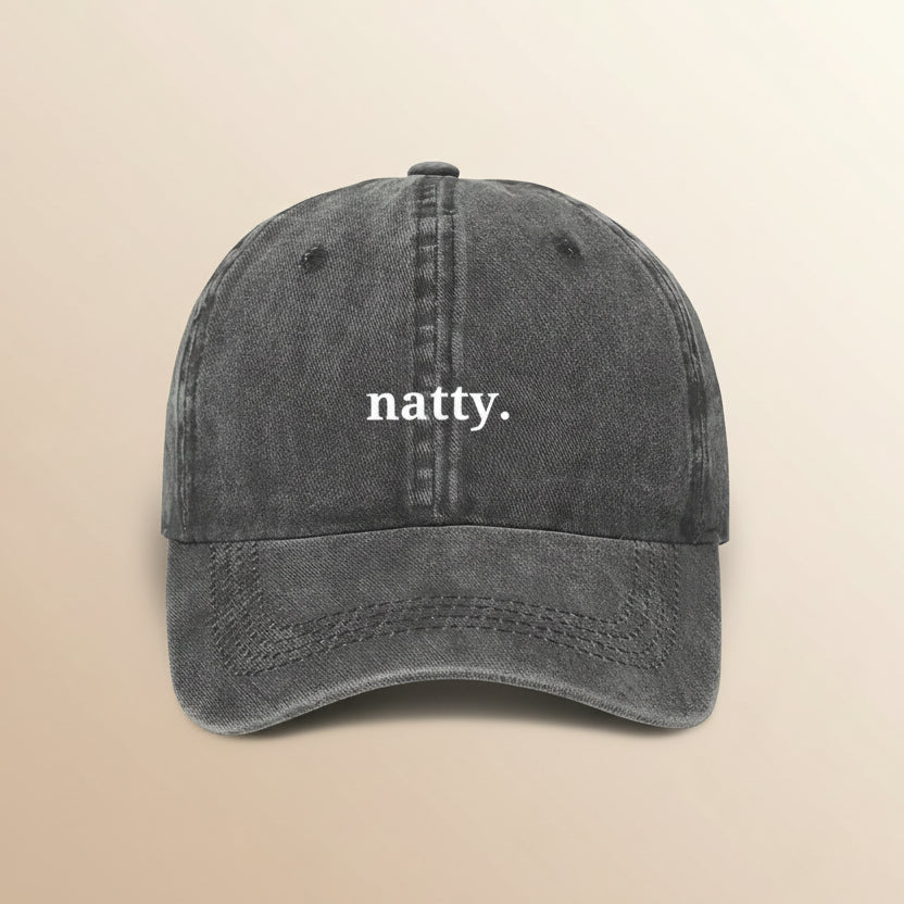 Natty embroidered on a grey cap