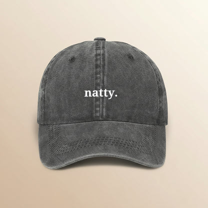 Natty embroidered on a grey cap