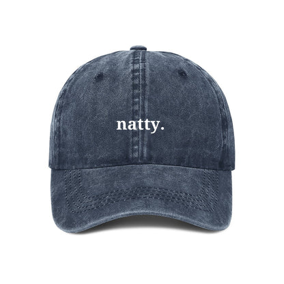 Natty embroidered on a navy cap