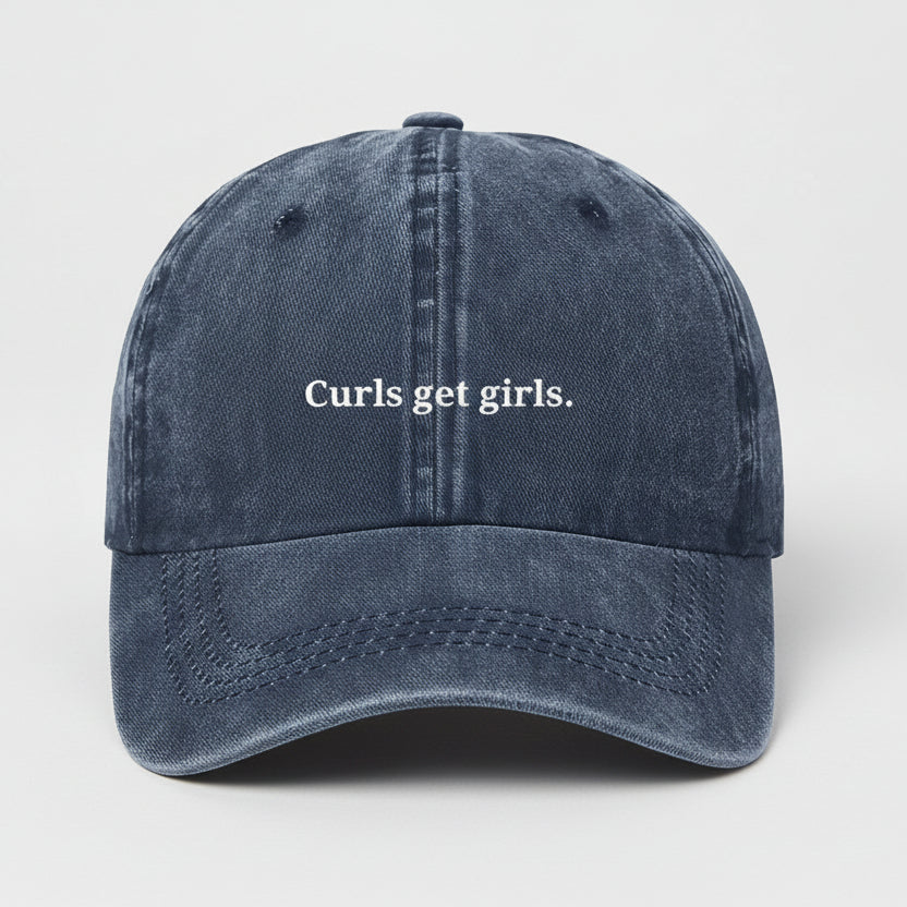 Navy gym cap embroidered curls get girls.