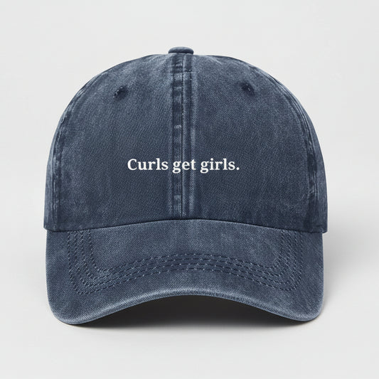 Navy gym cap embroidered curls get girls.