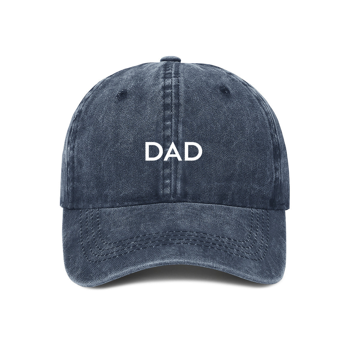 Navy blue cap with 'DAD' embroidered on it against a white background