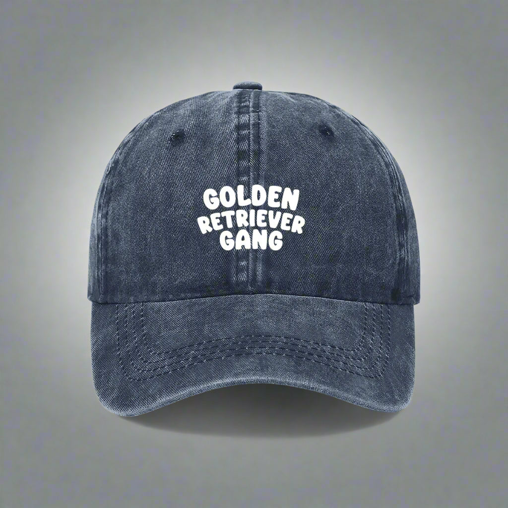 Navy embroidered "Golden Retriever Gang" cap for dog lovers– bold text on a washed cotton dad hat