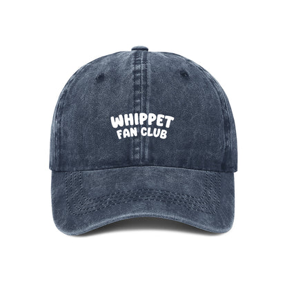 Navy embroidered 'Whippet Fan Club' cap for dog lovers– bold text on a washed cotton dad hat