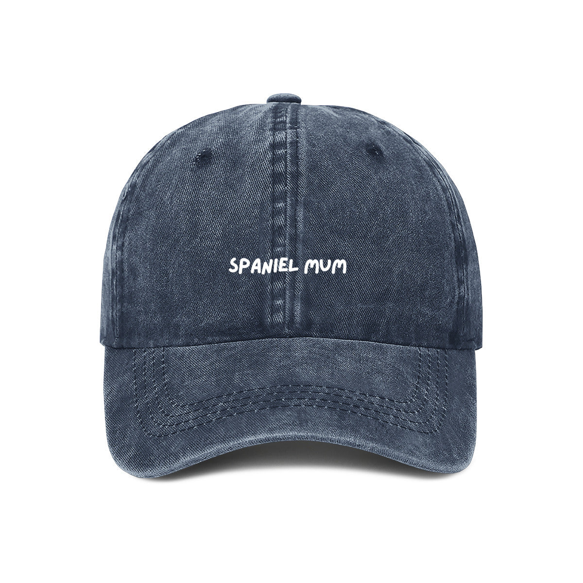 Navy denim cotton cap with 'SPANIEL MUM' text embroidered on the front