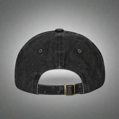 Black cap with a gold buckle on a white background