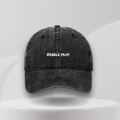 black cap embroidered beagle mum on the front in white text. A great customised gift for beagle dog owners in australia