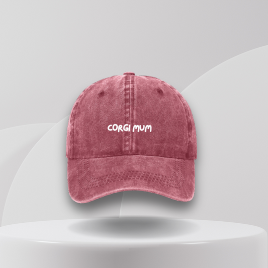 red cap embroidered corgi mum in white text. A great gift for corgi dog owners in australia