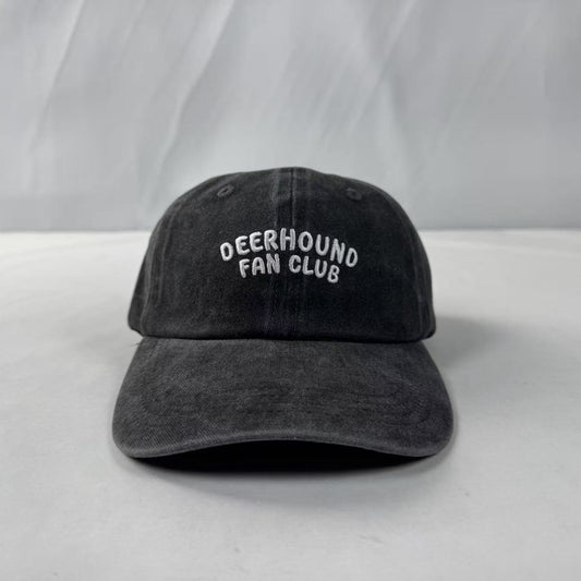 Black cap with 'Deerhound Fan Club' text on a white background
