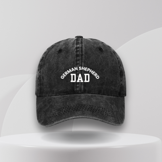 black cap embroidered German Shepherd Dad. A great gift idea for GSD dog owners