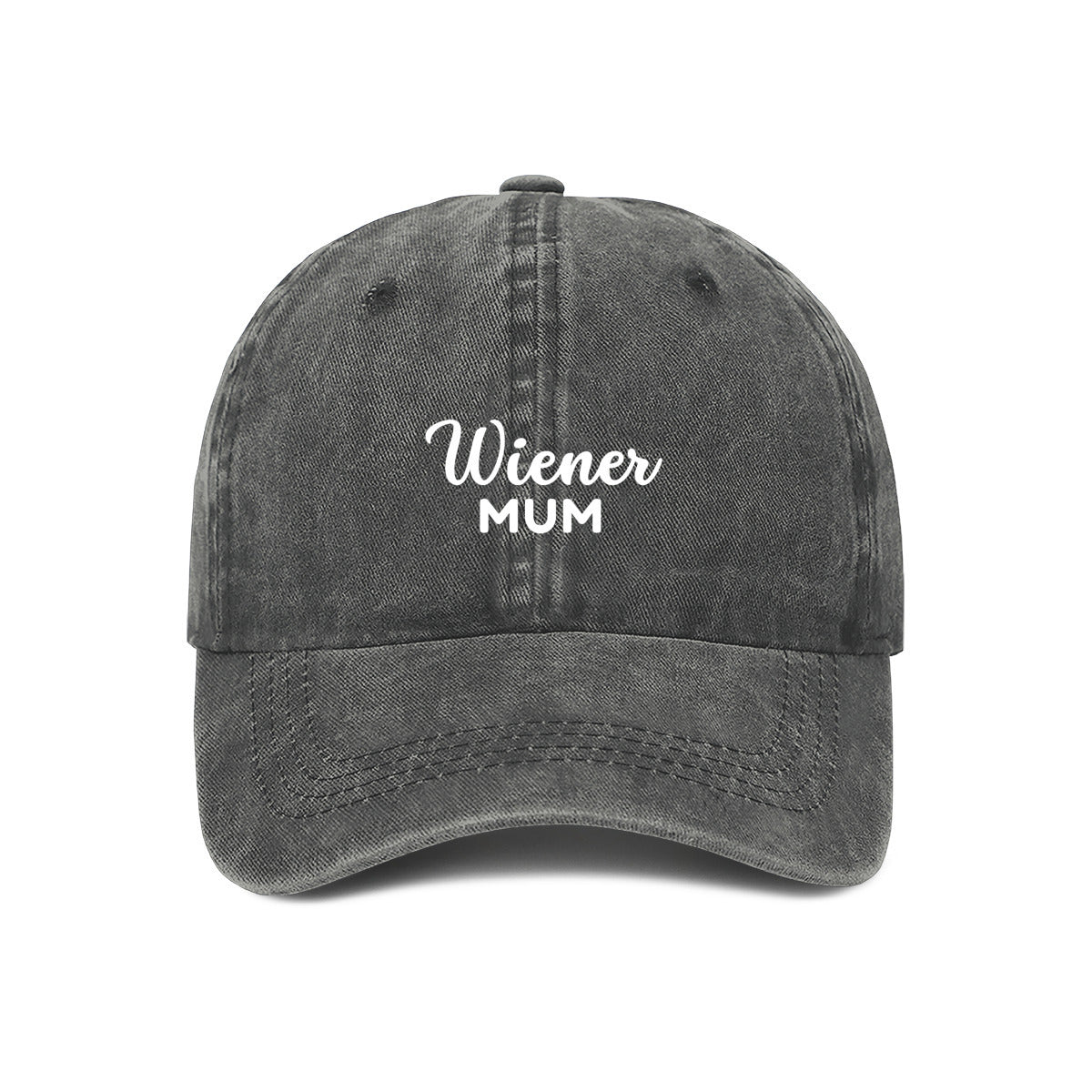 A grey denim cap with the text 'Wiener MUM' written in white on the front.