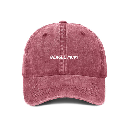 maroon denim cap with white embroidered text "beagle mum"