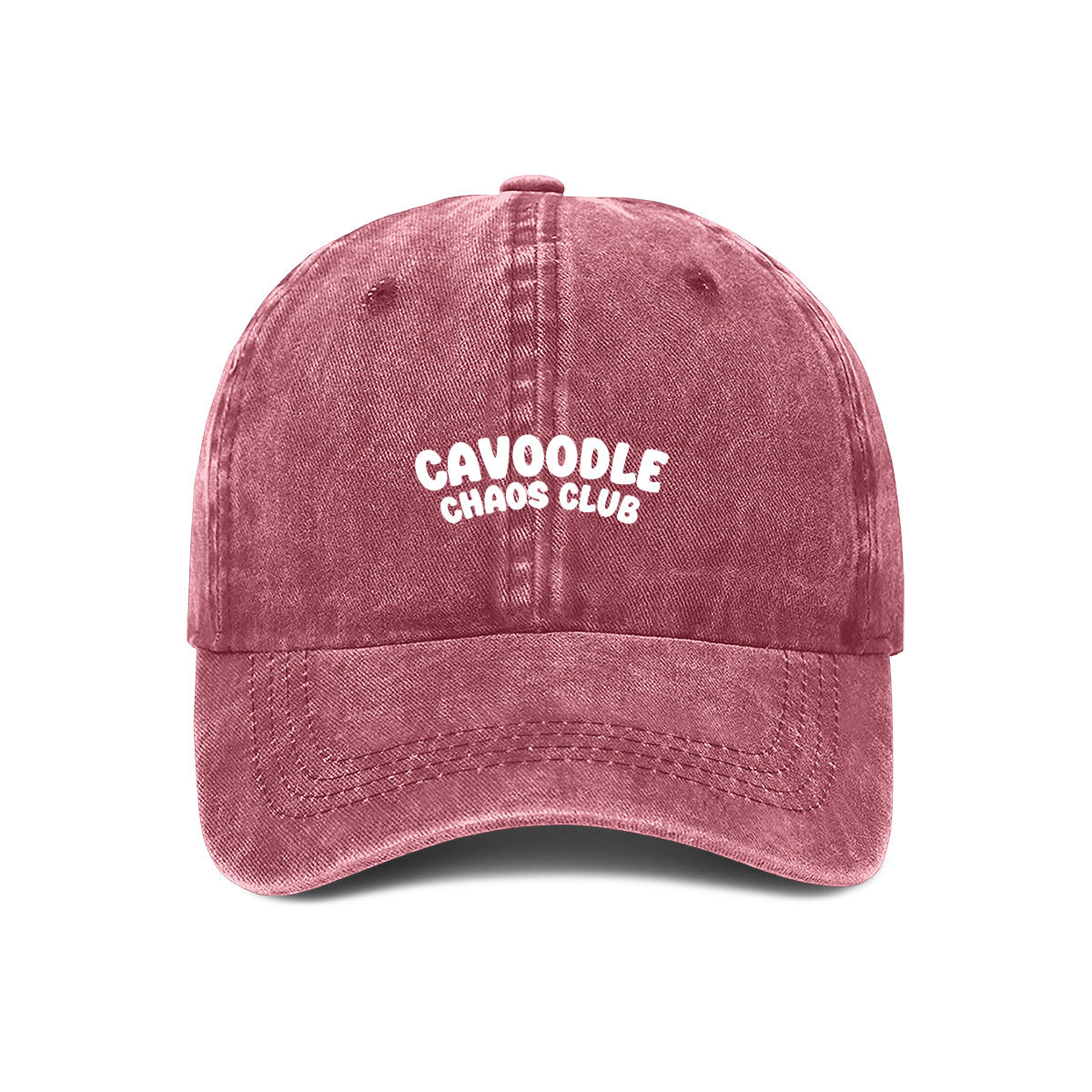 maroon cap with 'Cavoodle Chaos Club' text on a white background