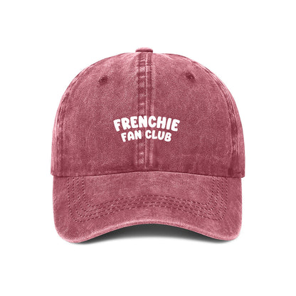 Red cap with 'FRENCHIE FAN CLUB' embroidered text on a white background