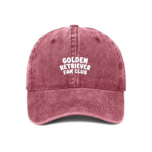 Red cap with 'Golden Retriever Fan Club' embroidered text on a white background