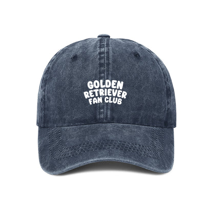 Navy blue cap with 'Golden Retriever Fan Club' embroidered text on a white background