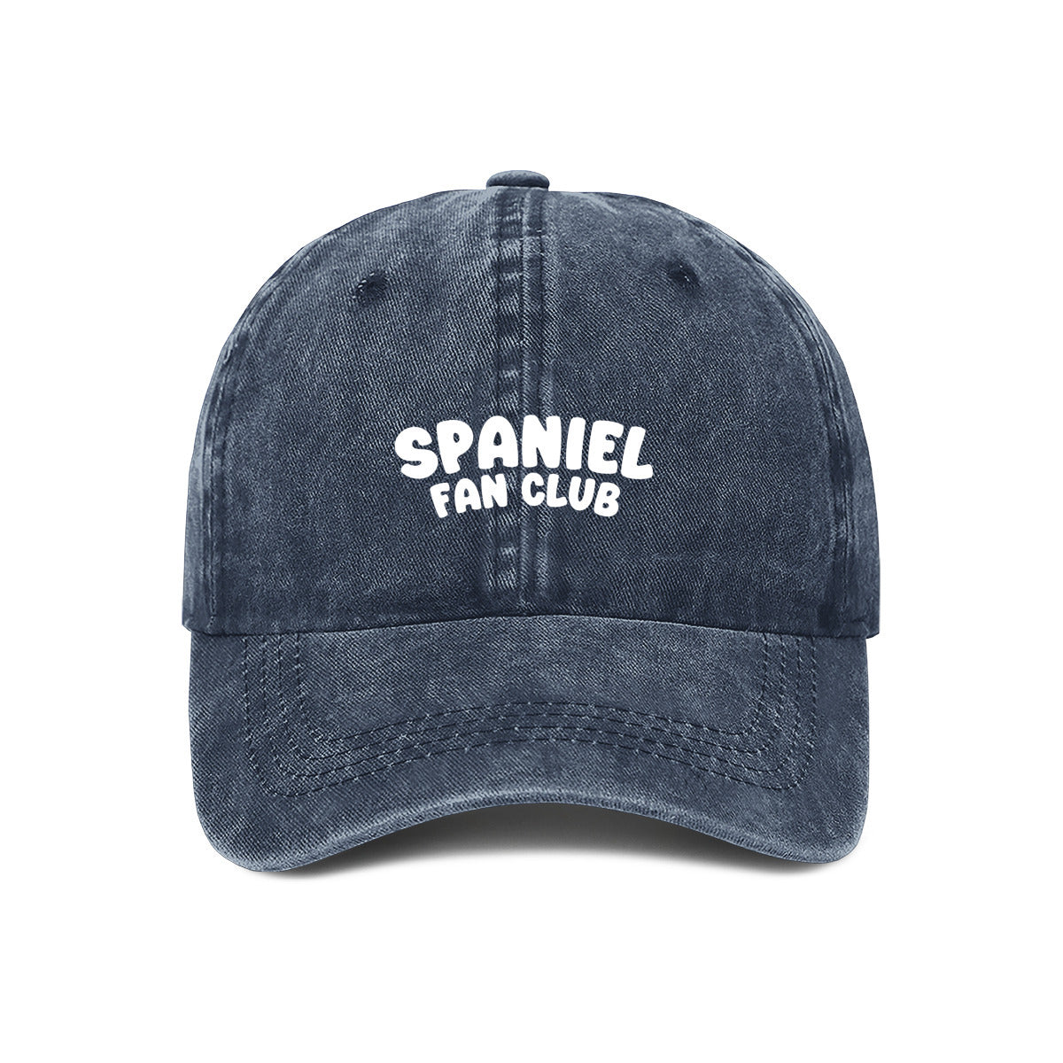 Navy blue cap with 'SPANIEL FAN CLUB' text on a white background