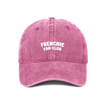 Pink cap with 'FRENCHIE FAN CLUB' text on a white background