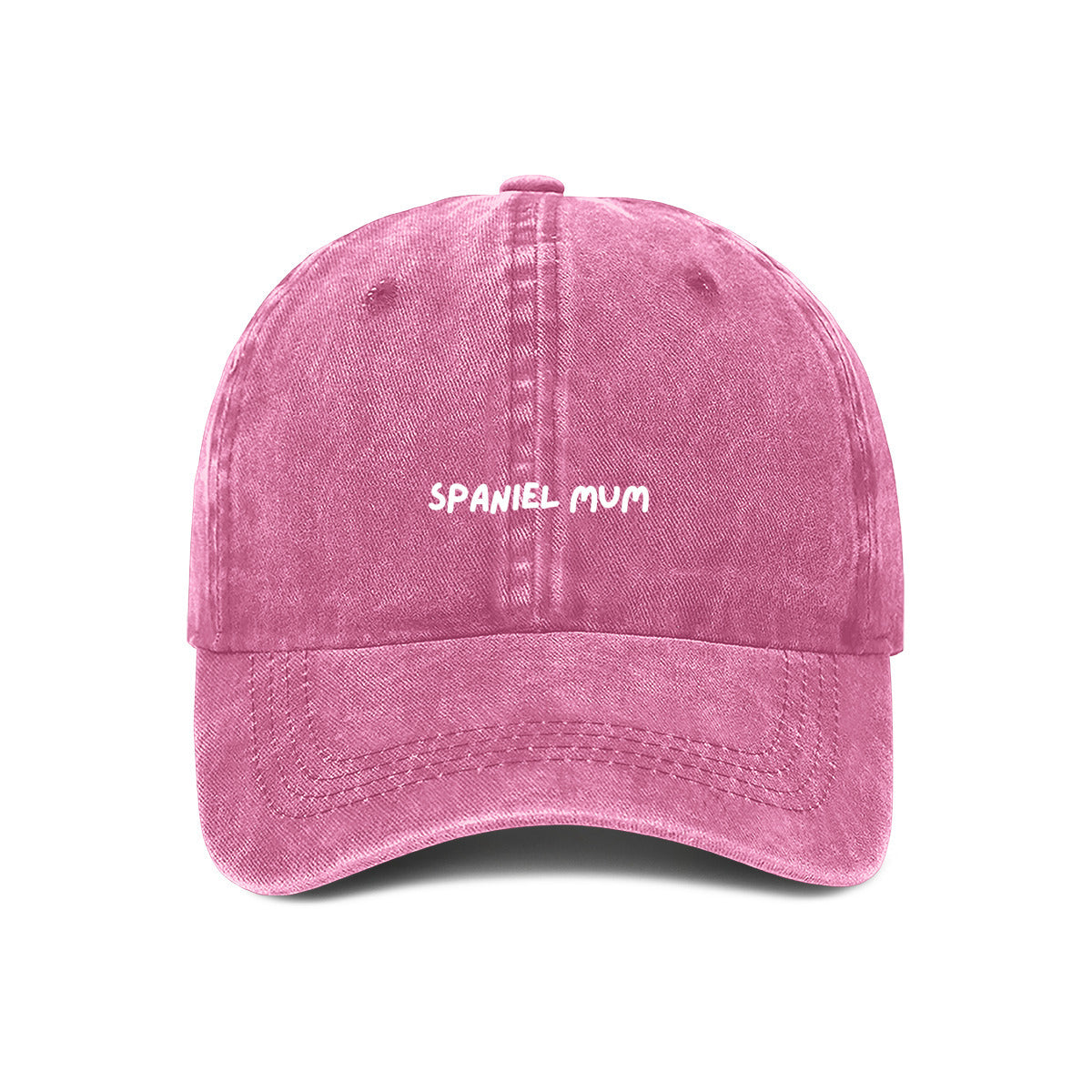 A Pink denim cotton cap with 'SPANIEL MUM' text embroidered on the front