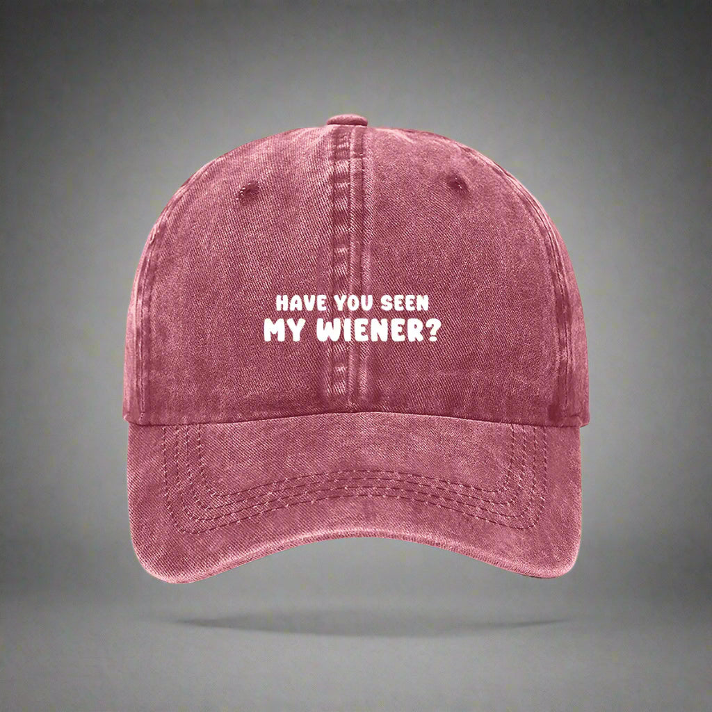 red cap embroidered for Dachshund owners. Have you seen my wiener?