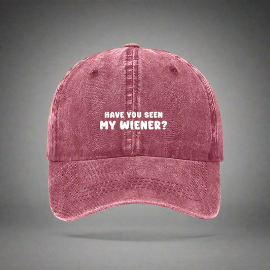 red cap embroidered for Dachshund owners. Have you seen my wiener?