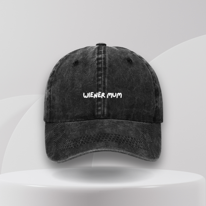 gray baseball cap with 'Wiener Mum' text on it.