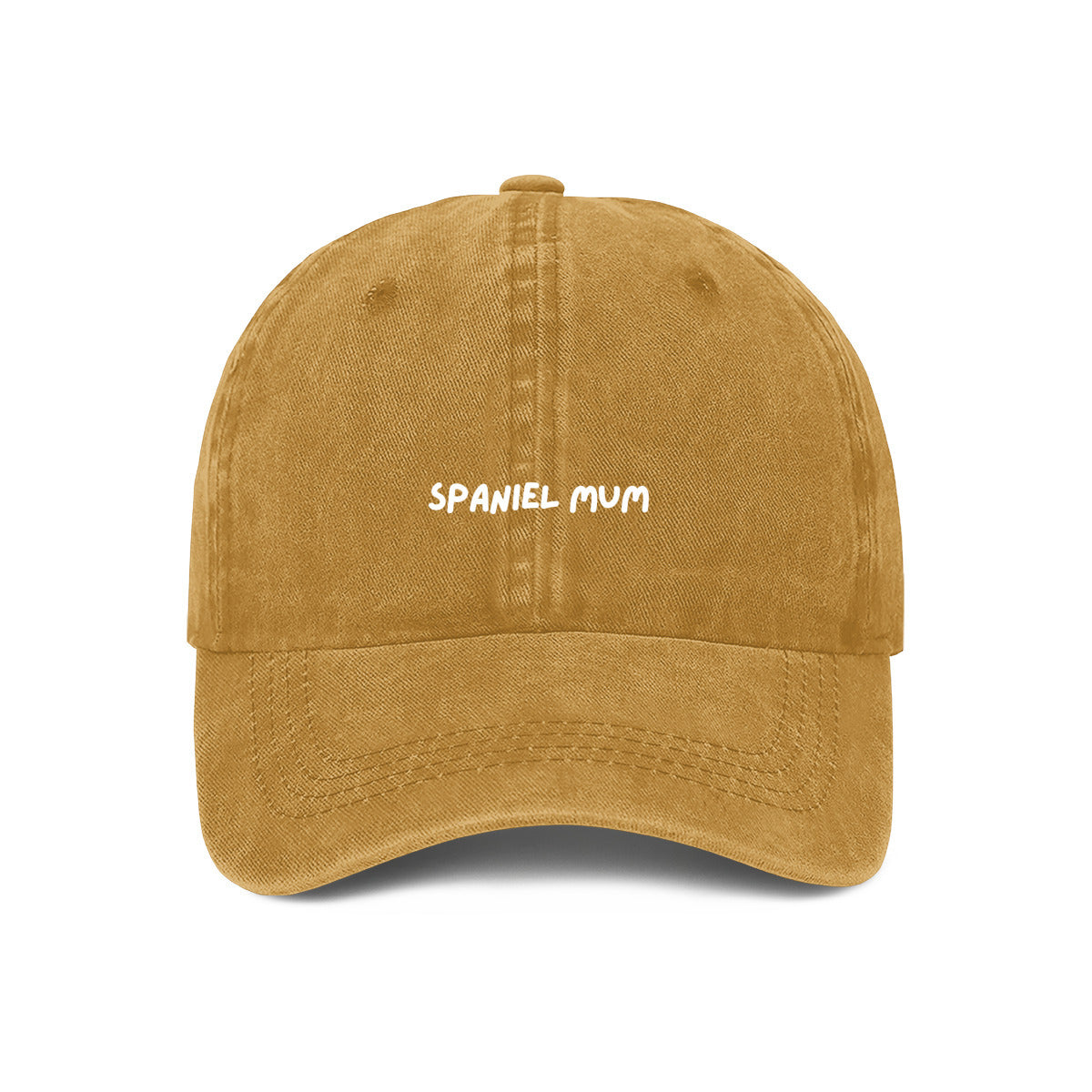 Yellow denim cotton cap with 'SPANIEL MUM' text embroidered on the front